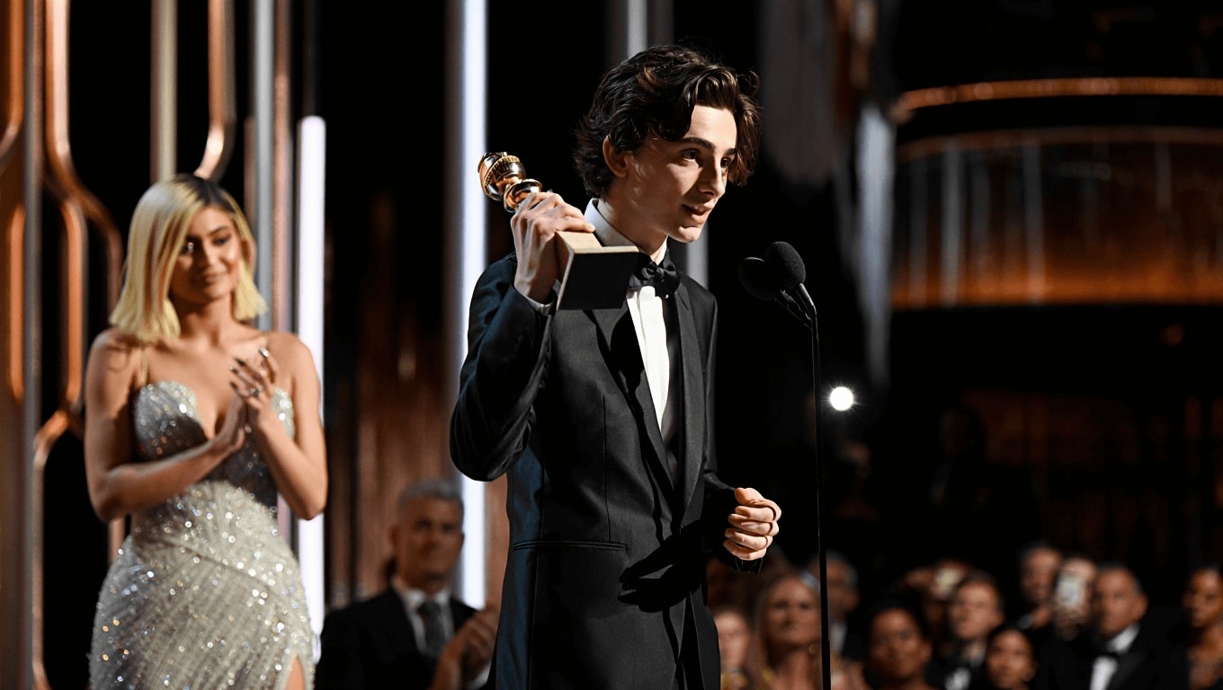 Timothée Chalamet vince il primo Golden Globe per Marty Supreme e ringrazia la compagna Kylie Jenner