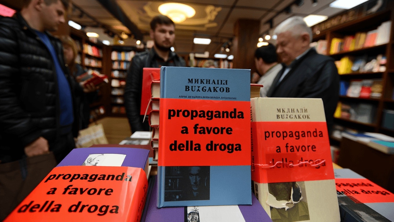 Cultura         
      In Russia adesso le biografie di Bulgakov vengono vendute con un’etichetta che le definisce propaganda a favore della droga      
        Sorte che però non è toccata solo a lui: l'etichetta verrà apposta anche sui libri di Pelevin, King, Palahniuk, Murakami e Steinbeck