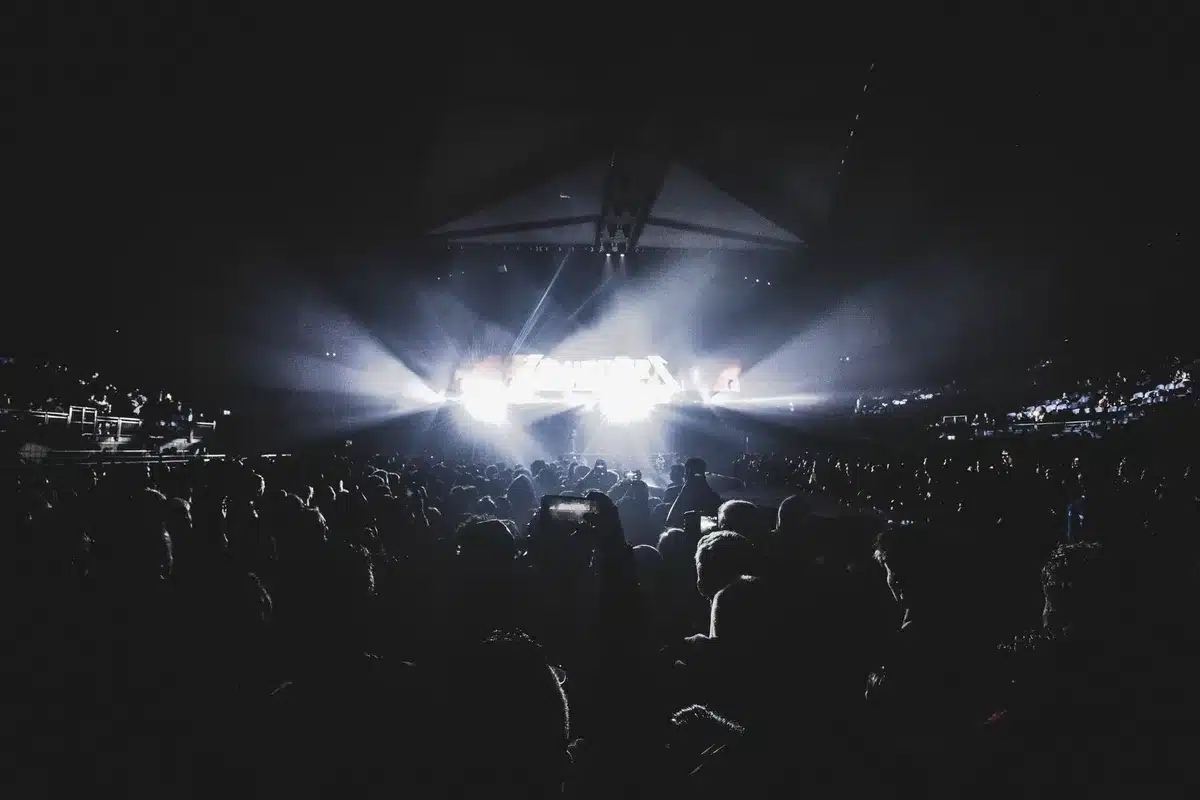 Folla di spettatori in uno stadio durante un concerto notturno