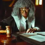 Aula di tribunale con panchina del giudice e documenti legali