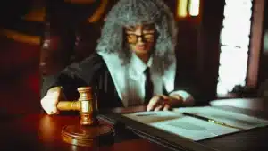 Aula di tribunale con panchina del giudice e documenti legali
