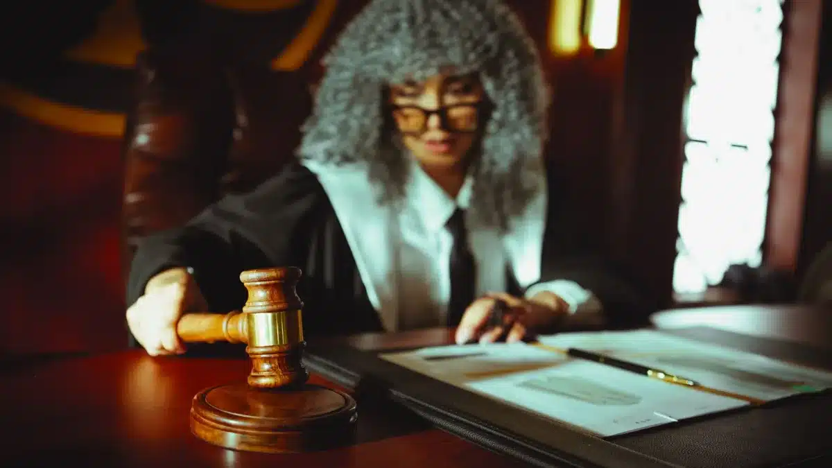 Aula di tribunale con panchina del giudice e documenti legali