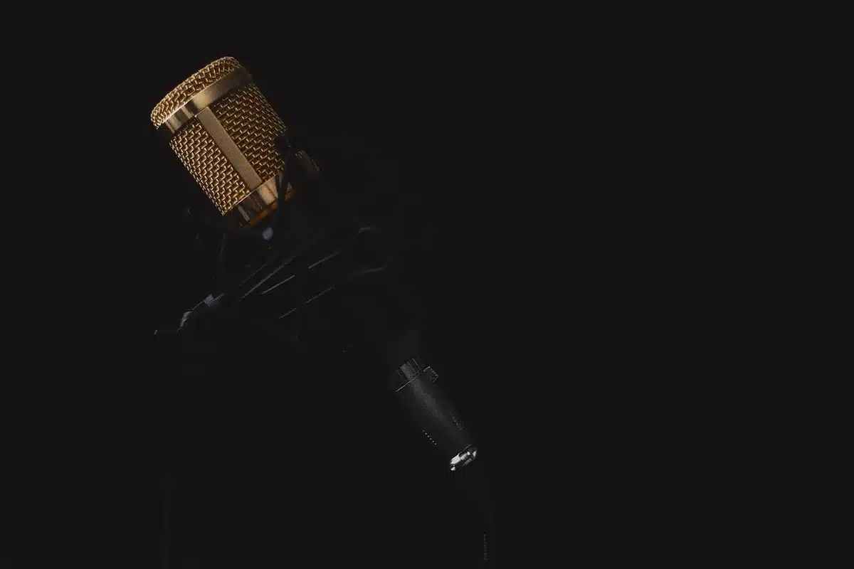 Microfono in uno studio di registrazione per doppiaggio vocale